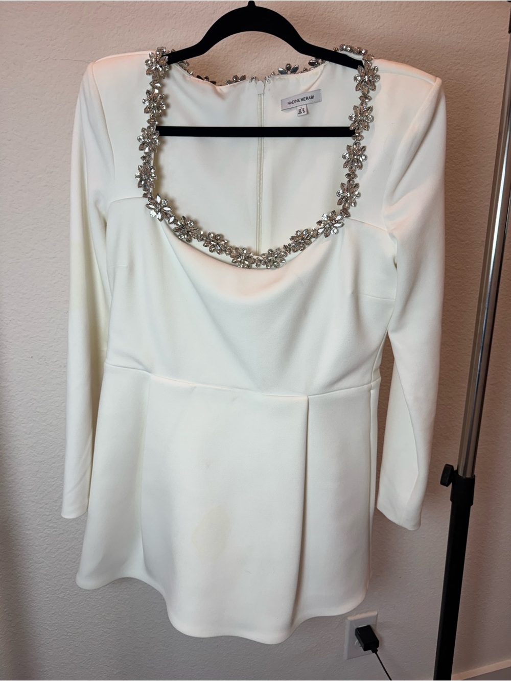Nadine Merabi White Crystal Embellished Long Sleeve Mini Dress US 10